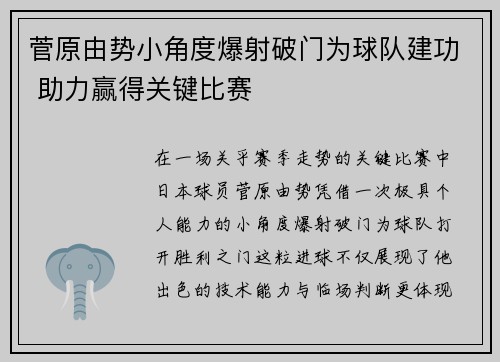 菅原由势小角度爆射破门为球队建功 助力赢得关键比赛 菅原由势小角度爆射破门为球队建功 助力赢得关键比赛