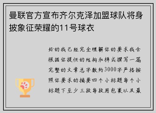 曼联官方宣布齐尔克泽加盟球队将身披象征荣耀的11号球衣
